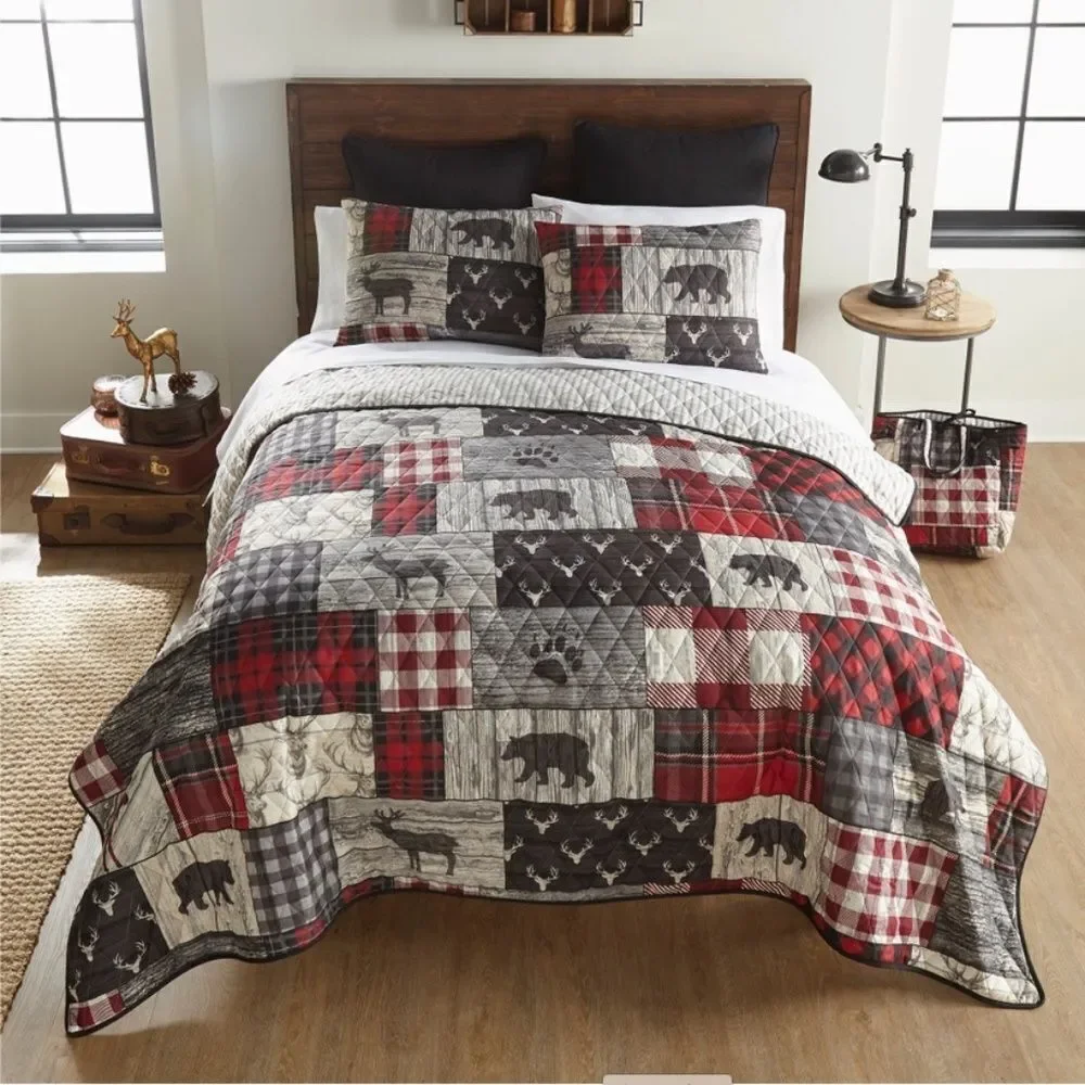 Country Black Bear Printed King Quilt Set Reversible Rustic Cabin Theme
